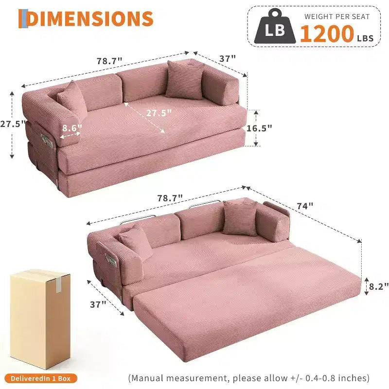 Canapé-lit convertible 200 cm avec oreillers, canapé de sol 5-en-1 en velours côtelé, causeuse matelas pliant avec cadre à forme fixe, aucun assemblage requis