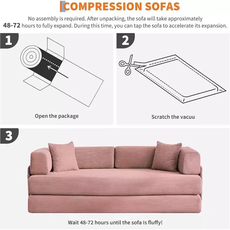 Canapé-lit convertible 200 cm avec oreillers, canapé de sol 5-en-1 en velours côtelé, causeuse matelas pliant avec cadre à forme fixe, aucun assemblage requis
