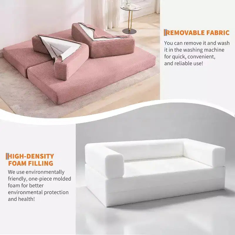 Canapé-lit convertible 200 cm avec oreillers, canapé de sol 5-en-1 en velours côtelé, causeuse matelas pliant avec cadre à forme fixe, aucun assemblage requis