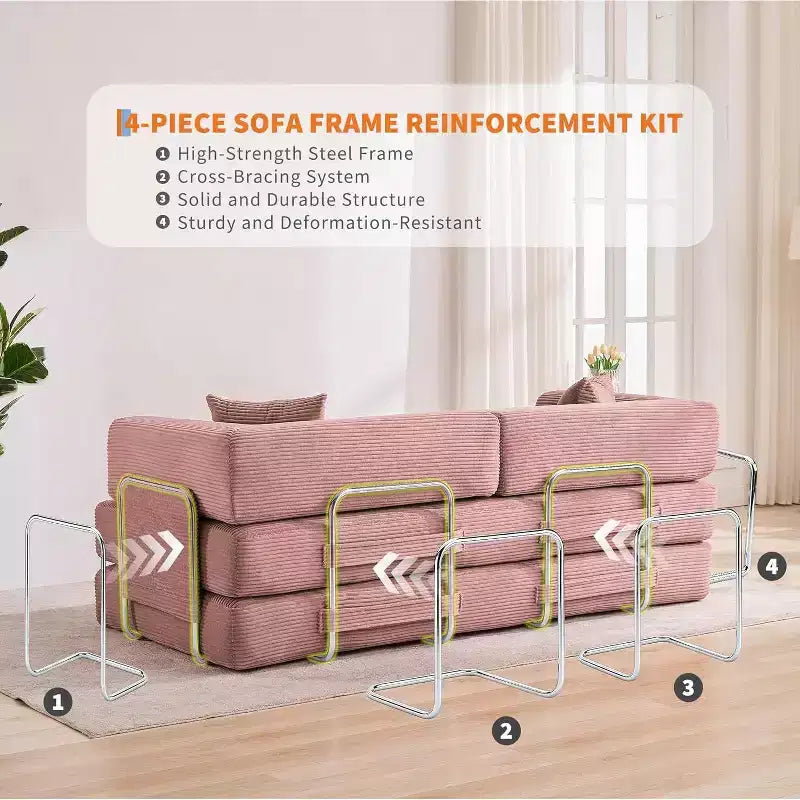 Canapé-lit convertible 200 cm avec oreillers, canapé de sol 5-en-1 en velours côtelé, causeuse matelas pliant avec cadre à forme fixe, aucun assemblage requis