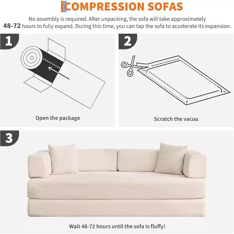 Canapé-lit convertible 200 cm avec oreillers, canapé de sol 5-en-1 en velours côtelé, causeuse matelas pliant avec cadre à forme fixe, aucun assemblage requis