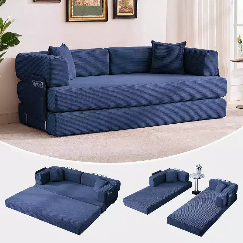 Canapé-lit convertible 200 cm avec oreillers, canapé de sol 5-en-1 en velours côtelé, causeuse matelas pliant avec cadre à forme fixe, aucun assemblage requis