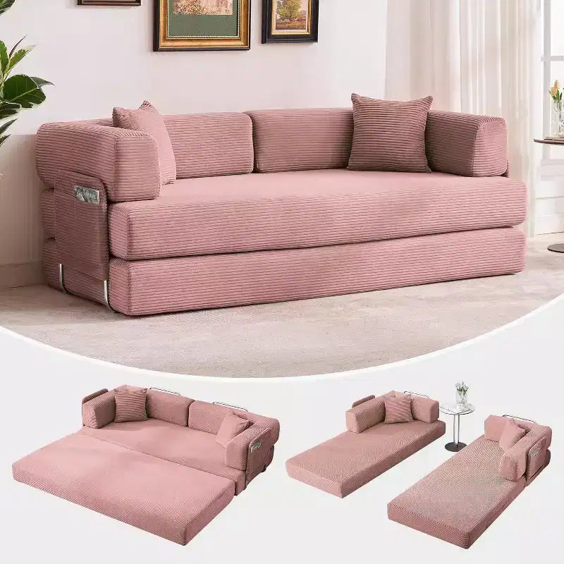 Canapé-lit convertible 200 cm avec oreillers, canapé de sol 5-en-1 en velours côtelé, causeuse matelas pliant avec cadre à forme fixe, aucun assemblage requis