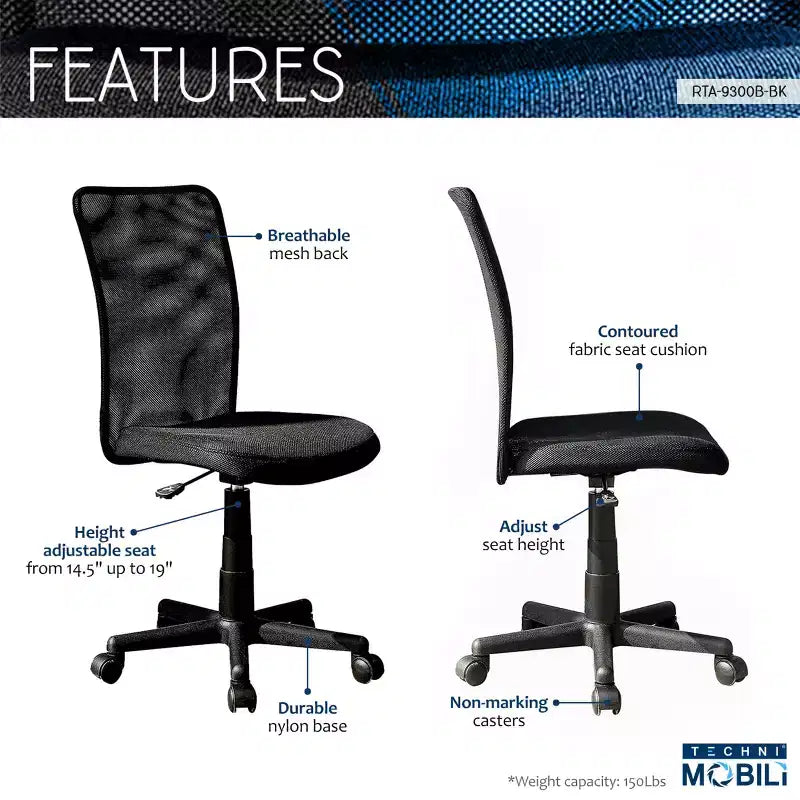 Chaise de bureau sans accoudoirs en maille, avec hauteur réglable et roulettes universelles