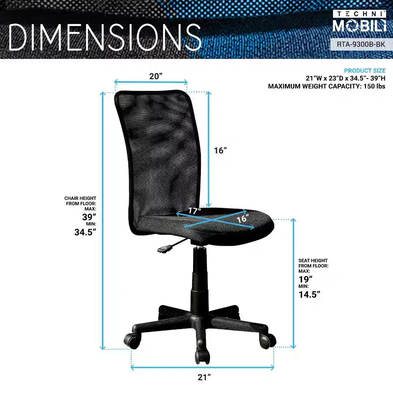 Chaise de bureau sans accoudoirs en maille, avec hauteur réglable et roulettes universelles
