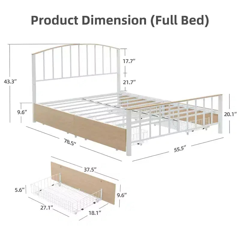 Cadre de lit plateforme en métal Grand lit/Queen avec tête de lit et grand rangement, pas de sommier tapissier, blanc
