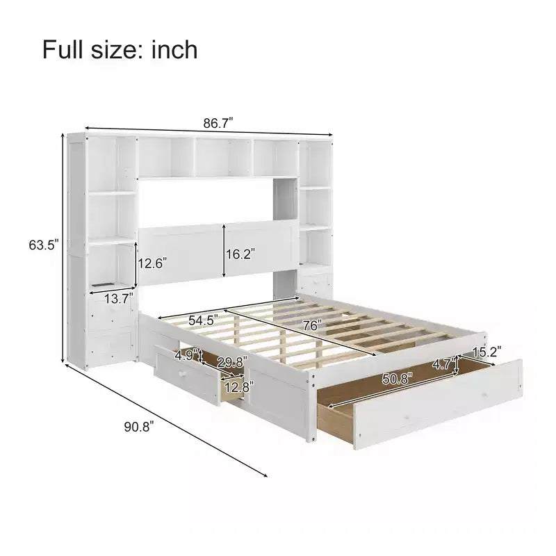 Lit plateforme pleine grandeur en pin avec tables de chevet et armoire-bibliothèque
