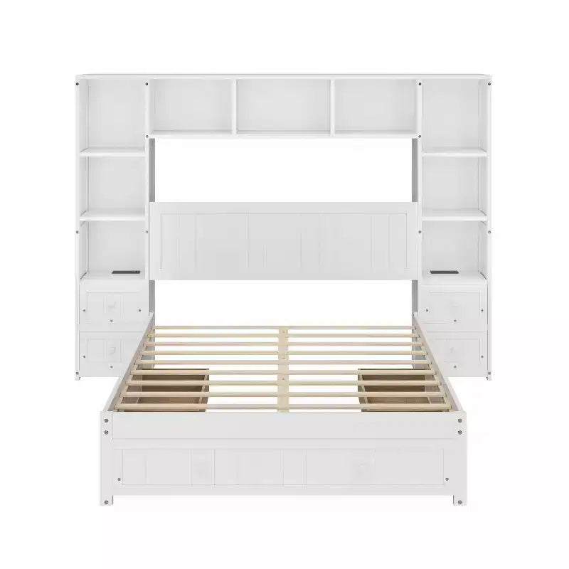Lit plateforme pleine grandeur en pin avec tables de chevet et armoire-bibliothèque