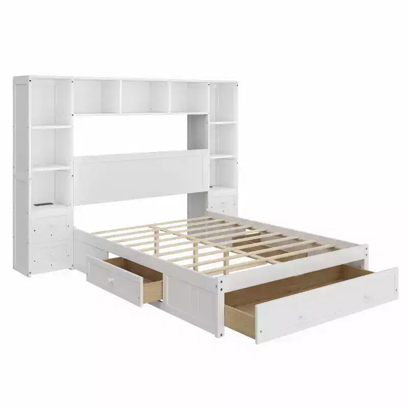 Lit plateforme pleine grandeur en pin avec tables de chevet et armoire-bibliothèque