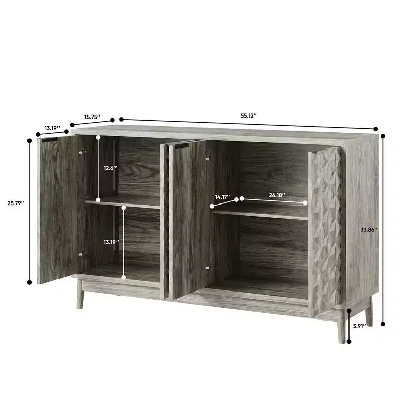 Buffet bahut moderne avec 4 portes au design géométrique, armoire de rangement pour salon, bureau, cuisine