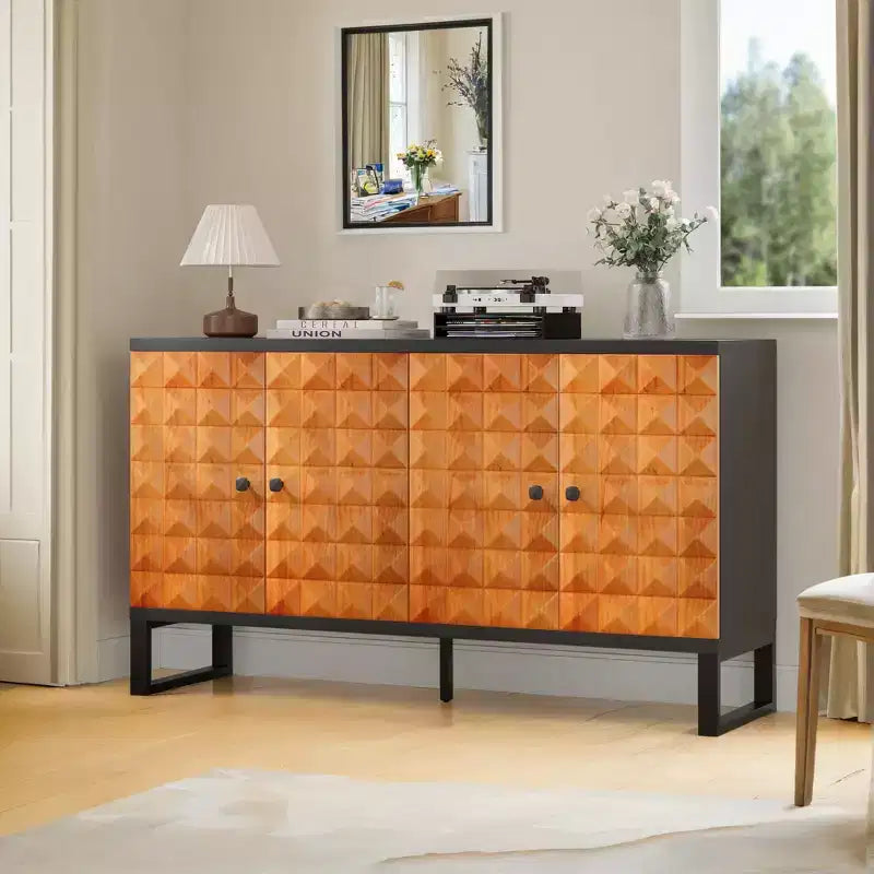 Buffet bahut moderne avec 4 portes au design géométrique, armoire de rangement pour salon, bureau, cuisine