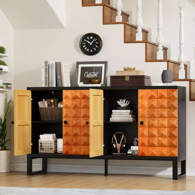 Buffet bahut moderne avec 4 portes au design géométrique, armoire de rangement pour salon, bureau, cuisine