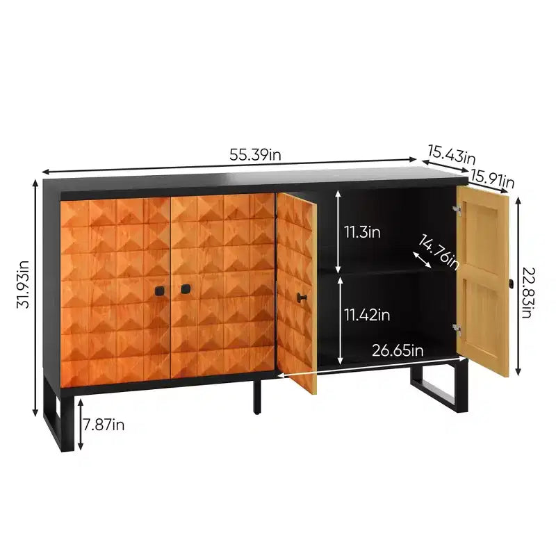 Buffet bahut moderne avec 4 portes au design géométrique, armoire de rangement pour salon, bureau, cuisine