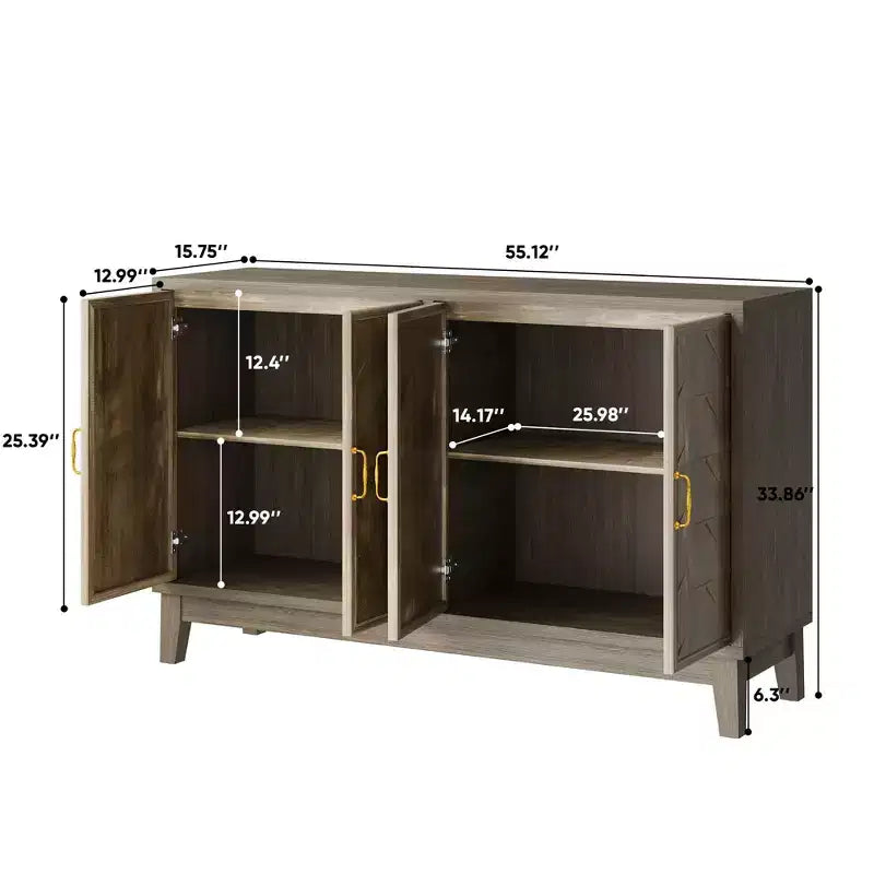 Buffet bahut moderne avec 4 portes au design géométrique, armoire de rangement pour salon, bureau, cuisine