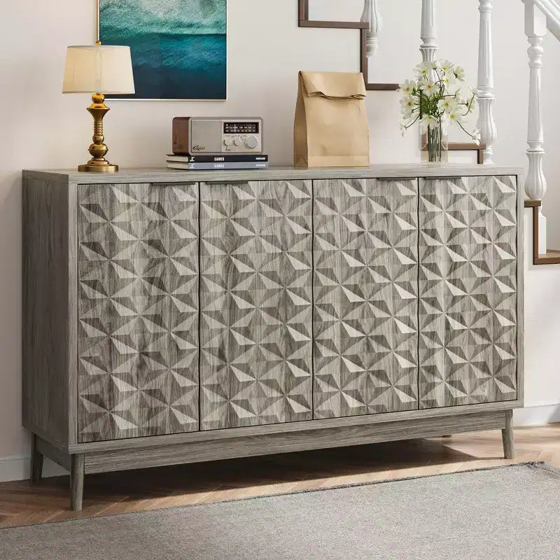 Buffet bahut moderne avec 4 portes au design géométrique, armoire de rangement pour salon, bureau, cuisine