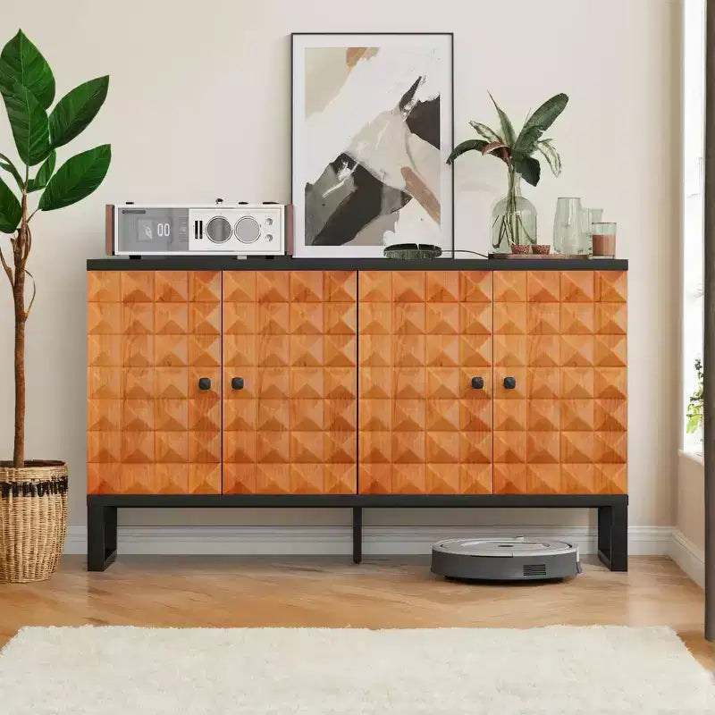 Buffet bahut moderne avec 4 portes au design géométrique, armoire de rangement pour salon, bureau, cuisine