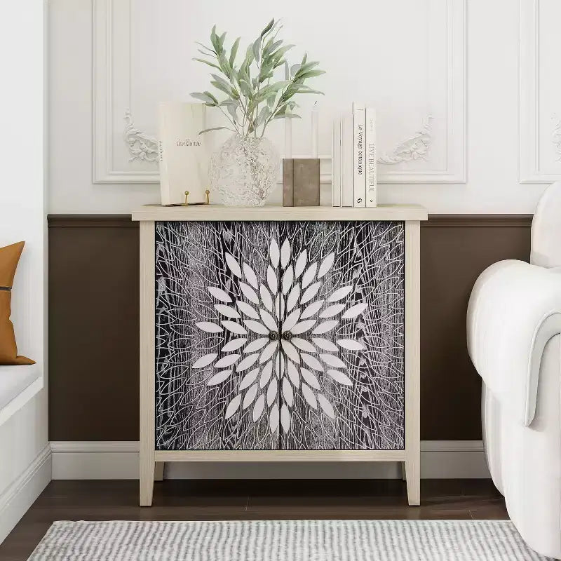 Meuble d'appoint moderne avec quatre portes à motifs sculptés, Armoire de rangement pour la cuisine, la salle à manger, l'entrée