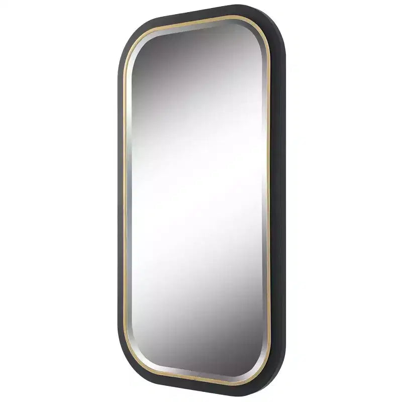 Miroir mural rectangulaire moderne, noir satiné avec bord intérieur feuille d'or, 23"x43"