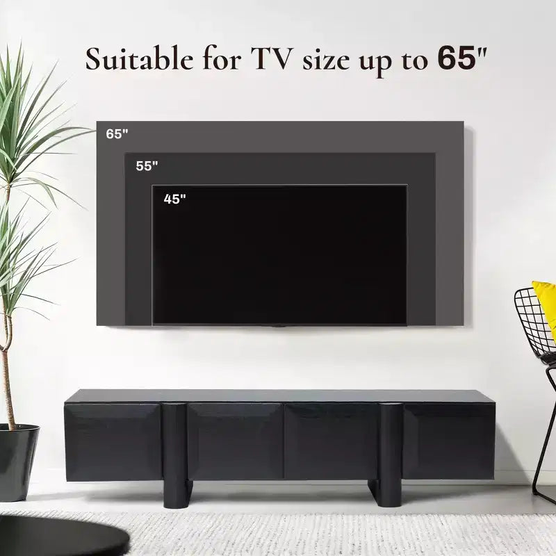 Meuble TV moderne noir de 63 pouces pour téléviseurs jusqu'à 68 pouces, profil bas avec 4 portes à ouverture par pression
