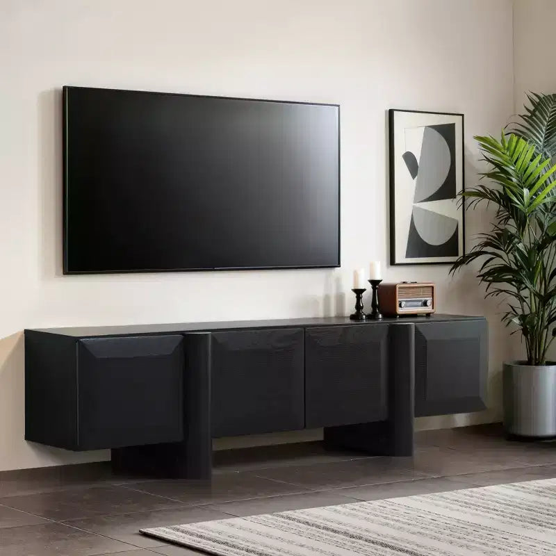 Meuble TV moderne noir de 63 pouces pour téléviseurs jusqu'à 68 pouces, profil bas avec 4 portes à ouverture par pression