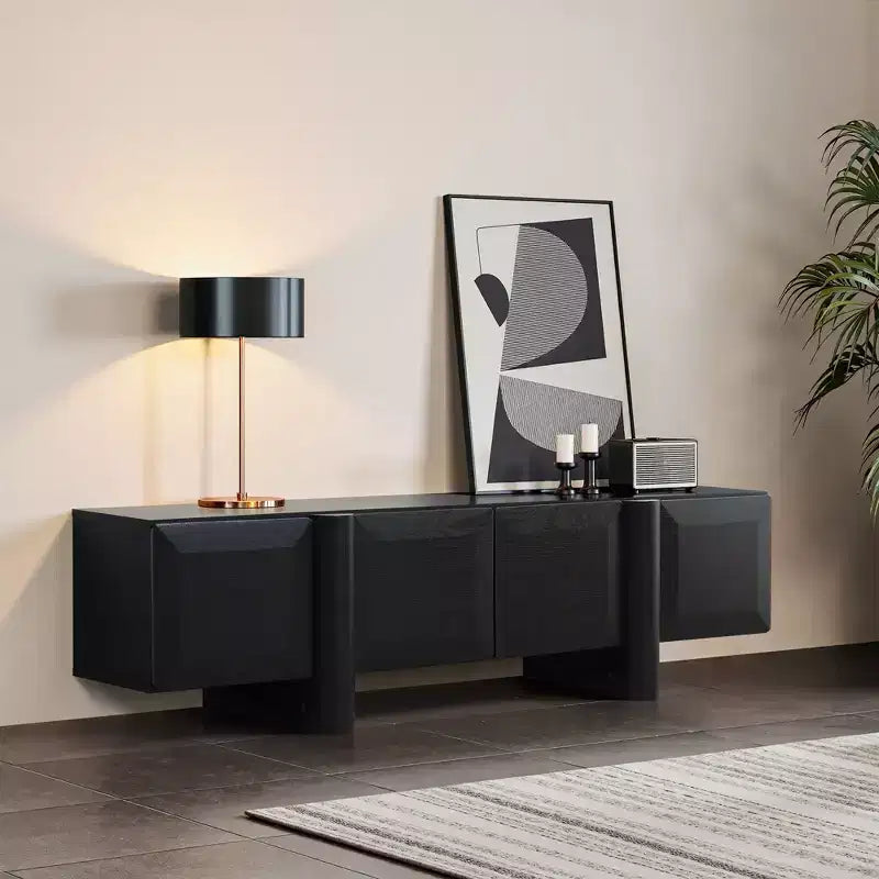 Meuble TV moderne noir de 63 pouces pour téléviseurs jusqu'à 68 pouces, profil bas avec 4 portes à ouverture par pression