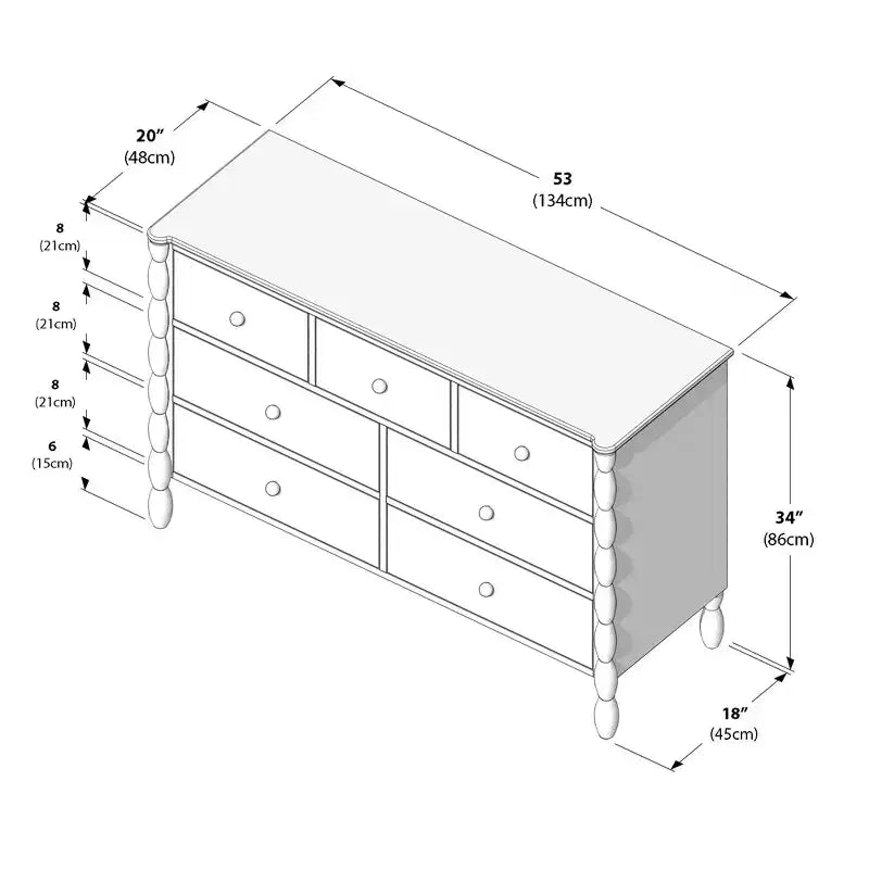 Commode enfant à 7 tiroirs avec pieds tournés