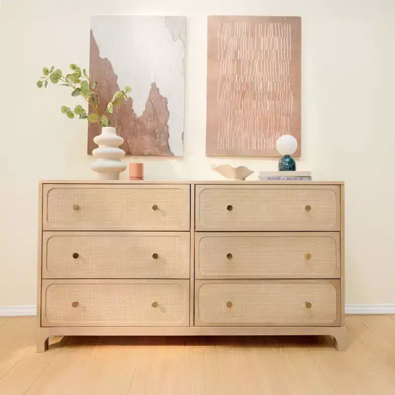 Commode en rotin à 6 tiroirs avec poignées en laiton