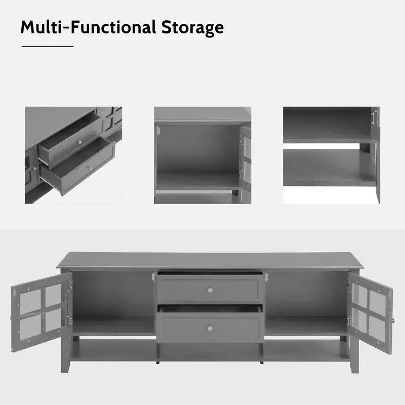 Meuble TV gris de 150 cm pour téléviseurs jusqu'à 60 pouces avec espace de rangement multifonctionnel Console média pour salon ou chambre à coucher