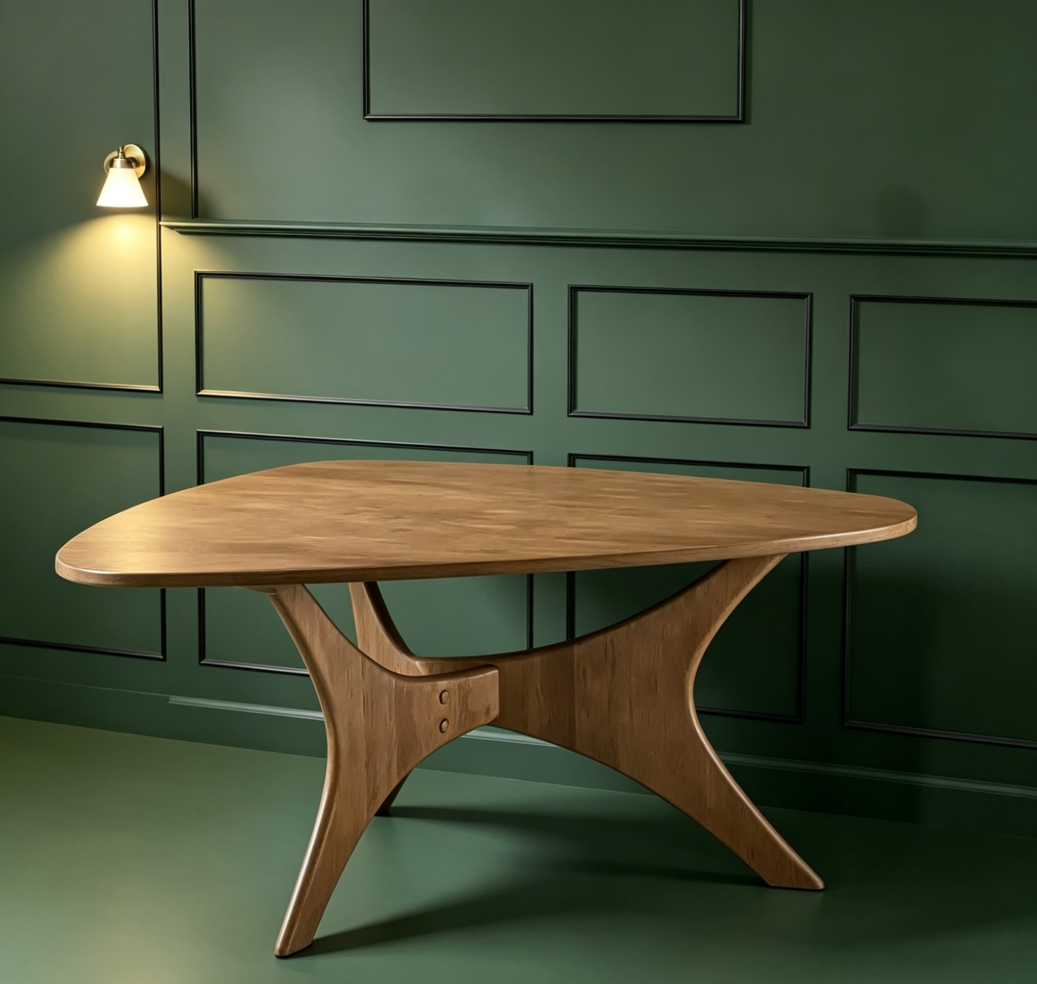 Table Basse en Bois Triangulaire, Marron Clair, Style Mid-Century avec Piétement Croisé