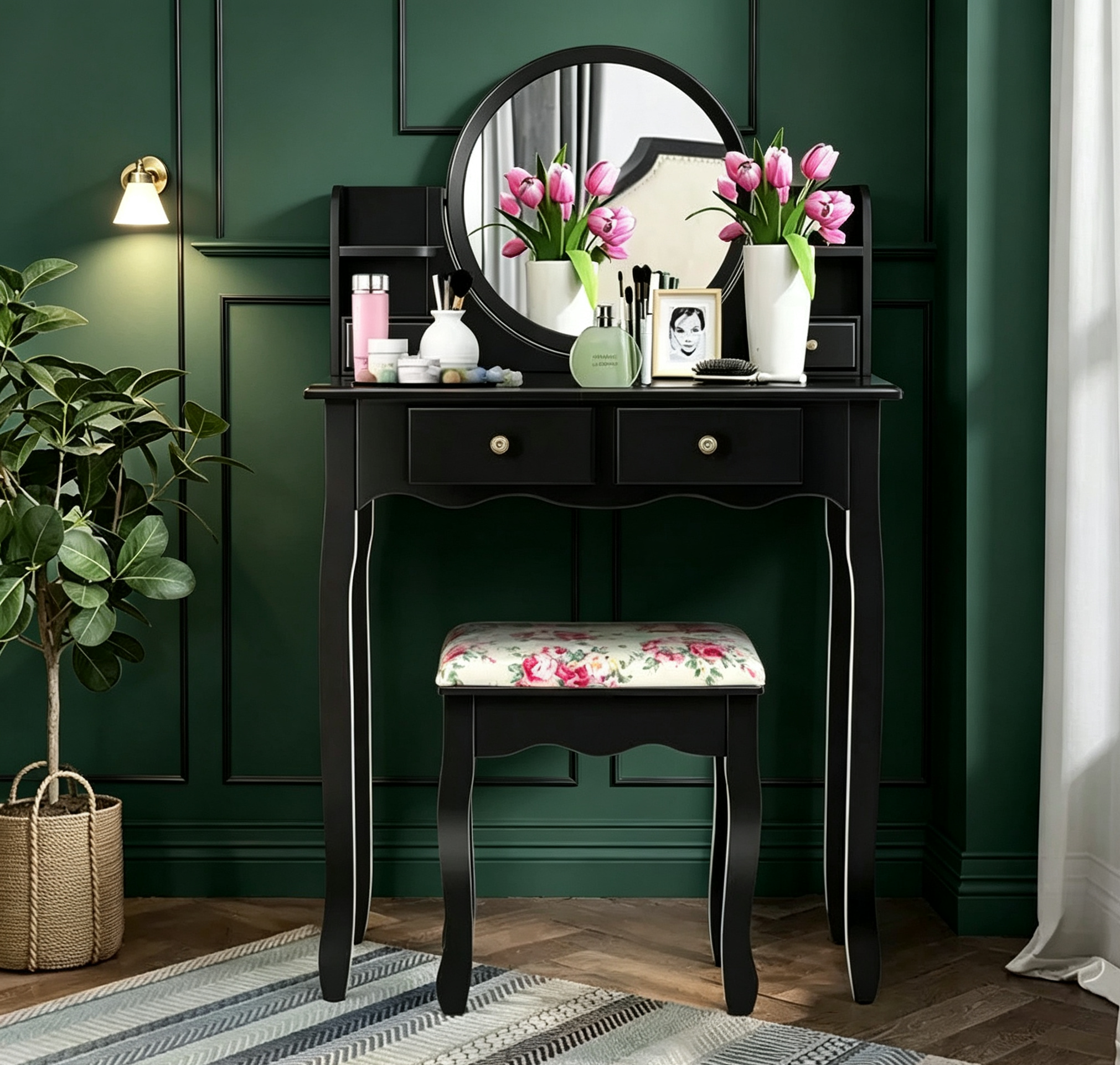 Coiffeuse avec tiroirs, miroir ovale et tabouret rembourré