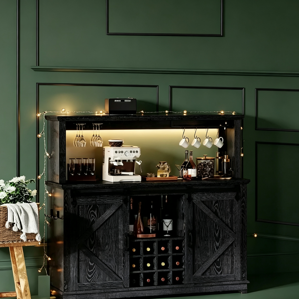 Meuble de bar à café de ferme de 55" avec prise de courant et lumières LED - Porte coulissante de grange, casier à vin, station de recharge USB | Noir/Marron/Blanc