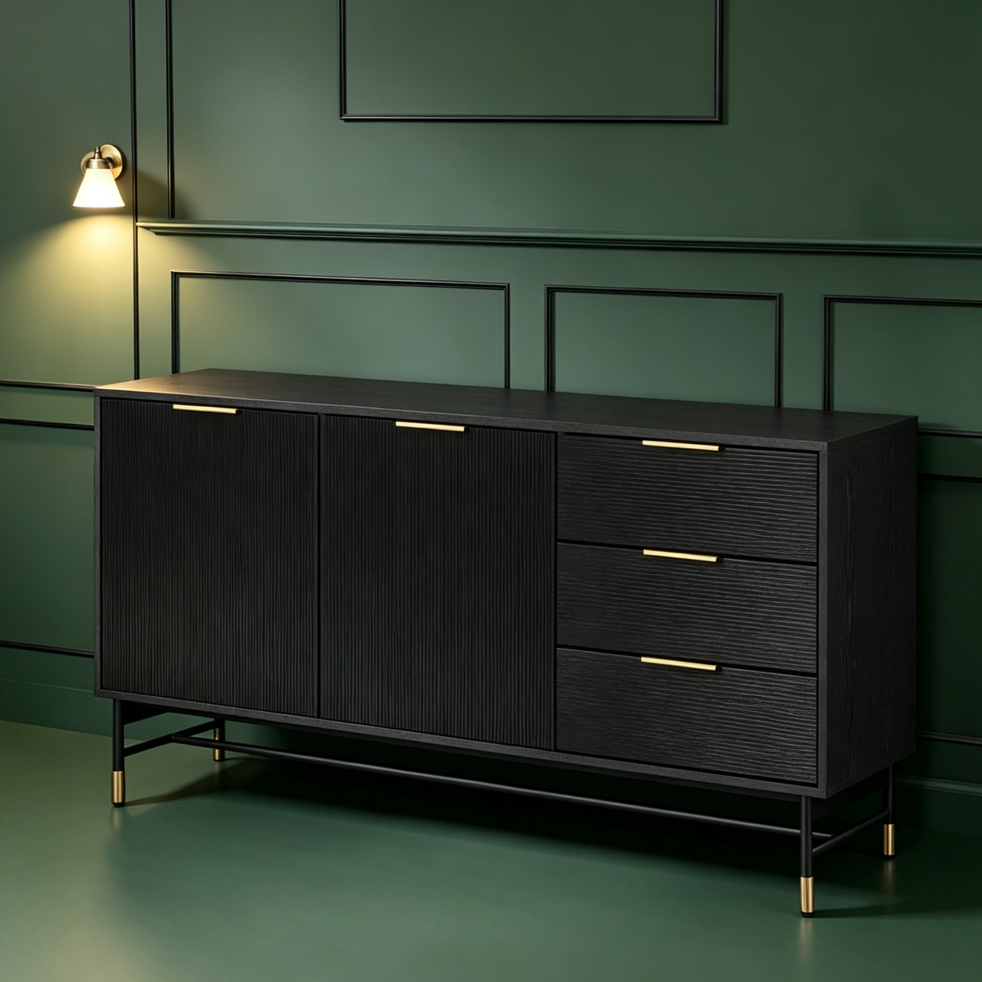 Bahut moderne du milieu du siècle avec portes et tiroirs cannelés, frêne chêne/doré, la texture rencontre la chaleur, un style facile.