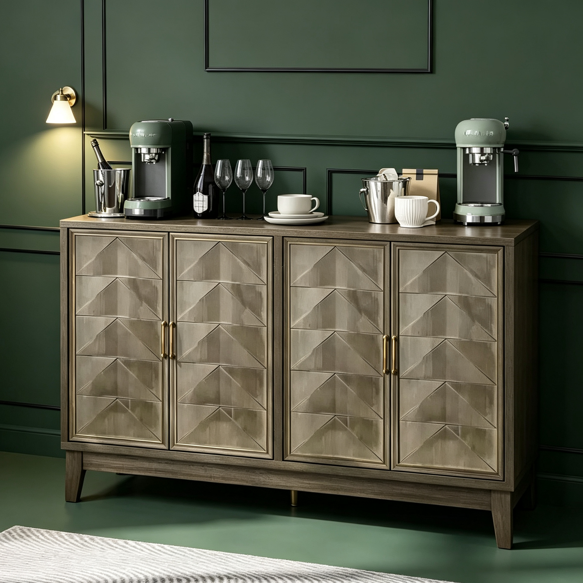 Buffet bahut moderne avec 4 portes au design géométrique, armoire de rangement pour salon, bureau, cuisine