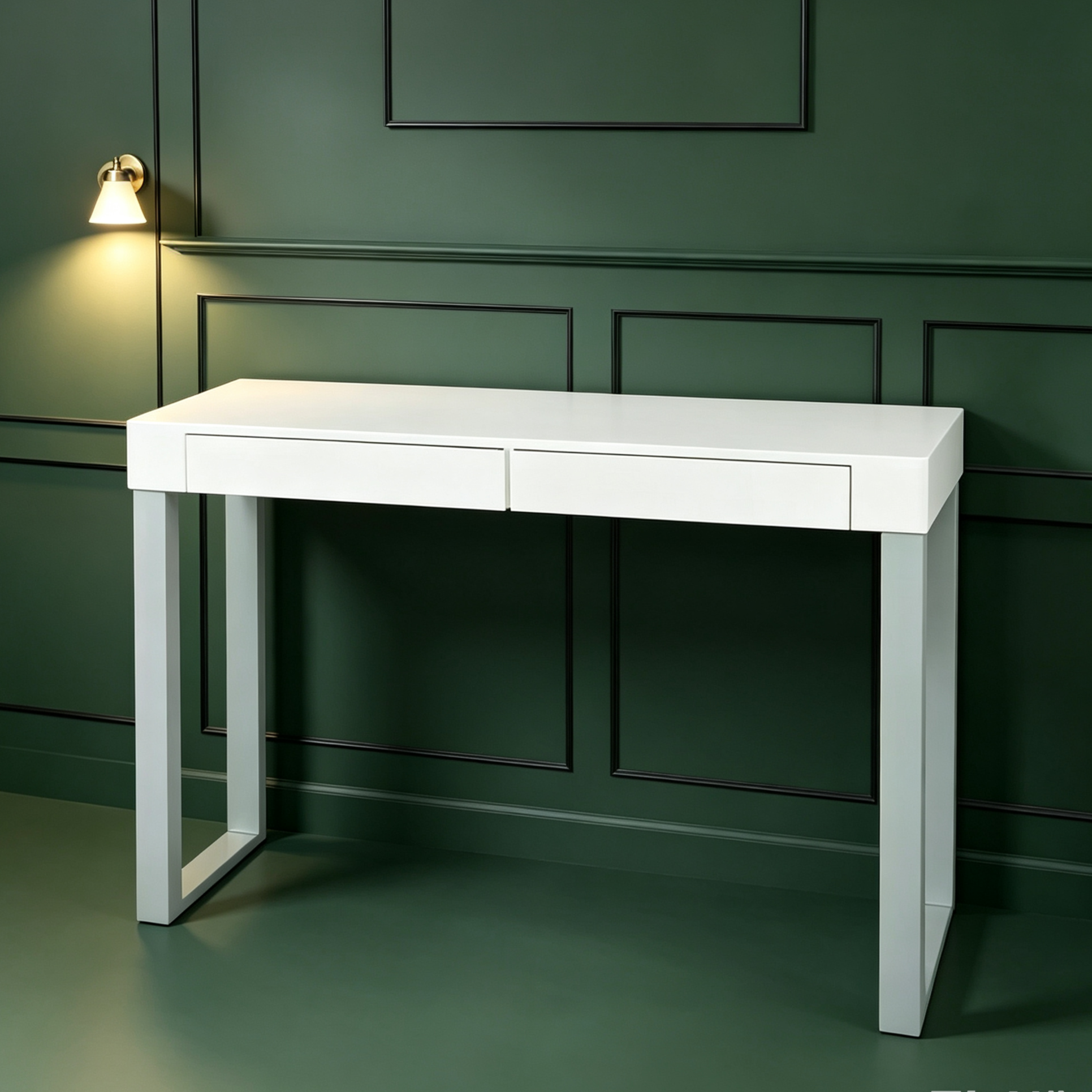 Bureau contemporain avec tiroirs, plateau laqué blanc et piètement en fer gris