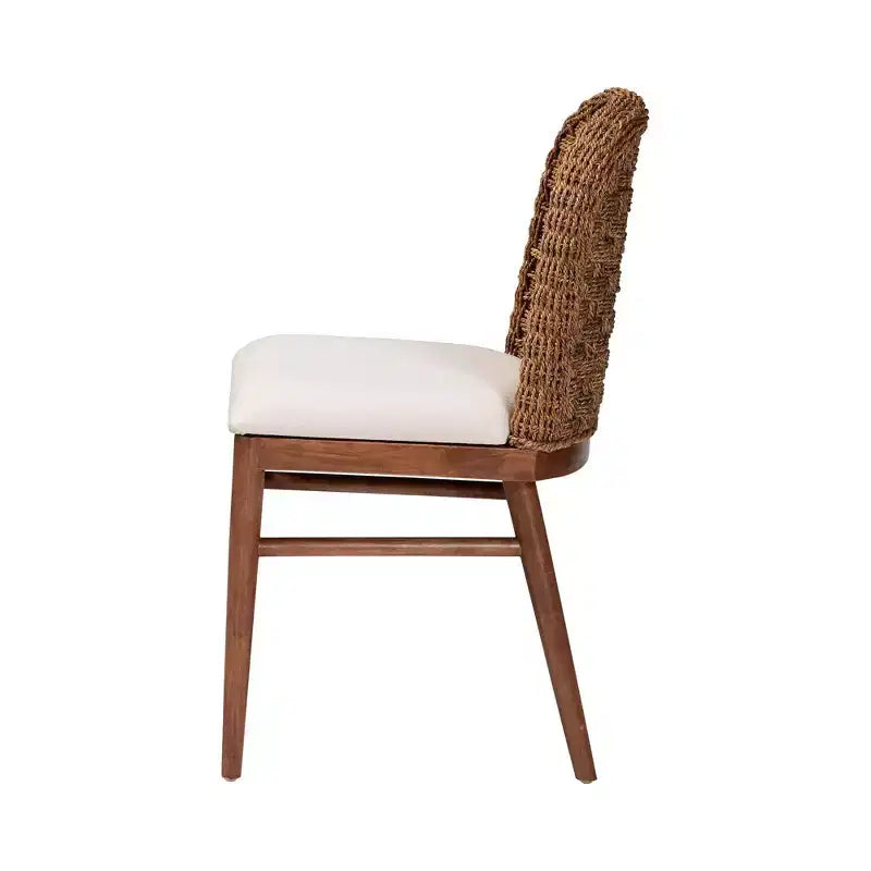 Chaise de salle à manger Bohème en bois d'acacia et herbe de mer, Blanc/Noyer marron
