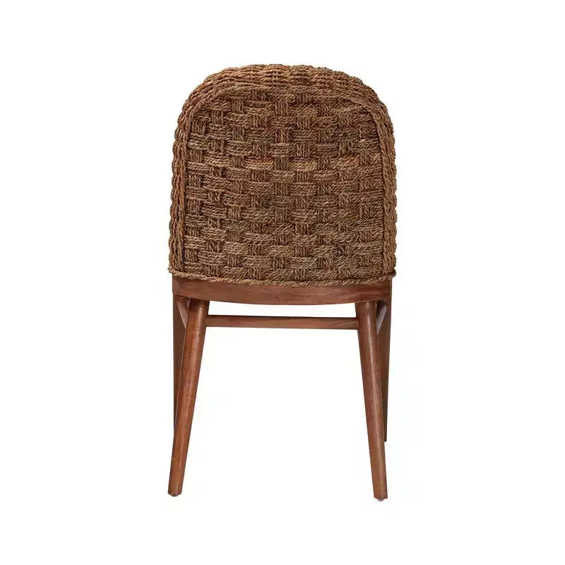 Chaise de salle à manger Bohème en bois d'acacia et herbe de mer, Blanc/Noyer marron