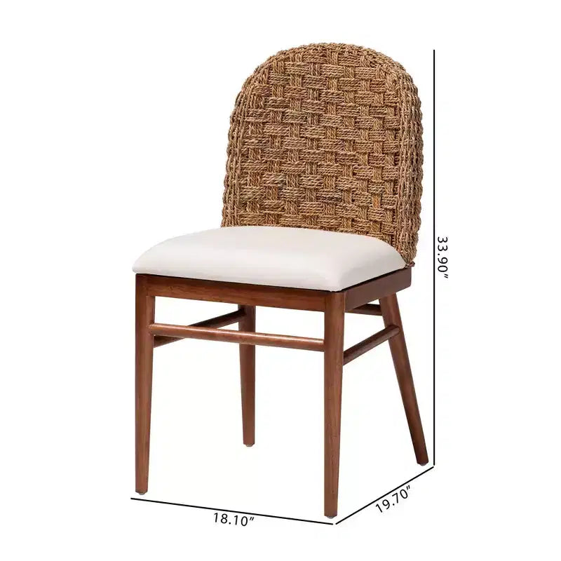 Chaise de salle à manger Bohème en bois d'acacia et herbe de mer, Blanc/Noyer marron