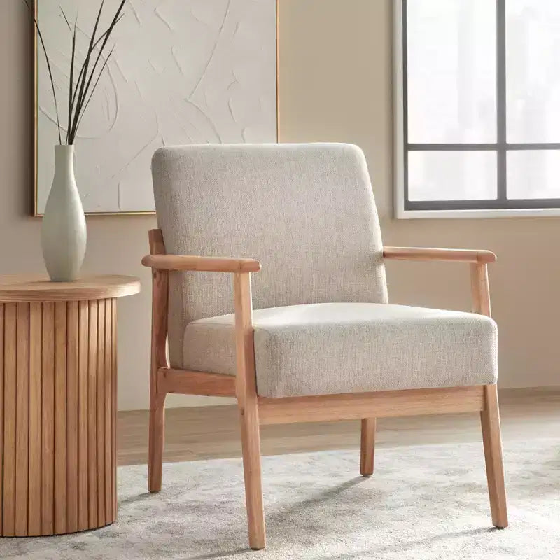 Fauteuil d'appoint en bois massif rembourré Naturel/Beige