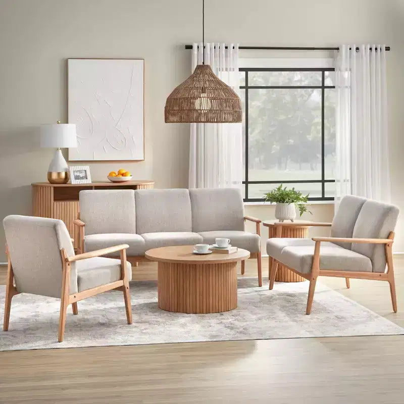 Fauteuil d'appoint en bois massif rembourré Naturel/Beige