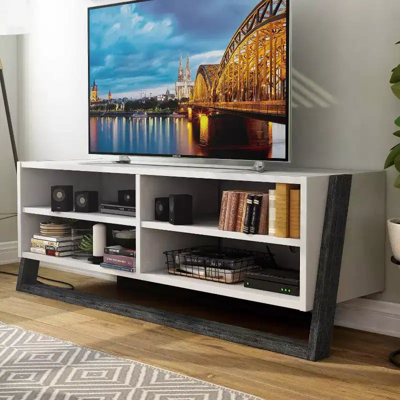 Meuble TV Grand 4 Étages pour Téléviseurs jusqu'à 68" Gris : Style Transitionnel, Finition Bicolore, Quincaillerie Métallique