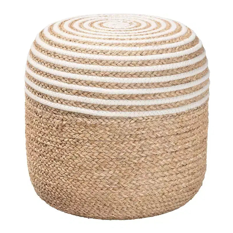 Pouffe-ottoman en jonc de mer et corde tressée, blanc/marron naturel