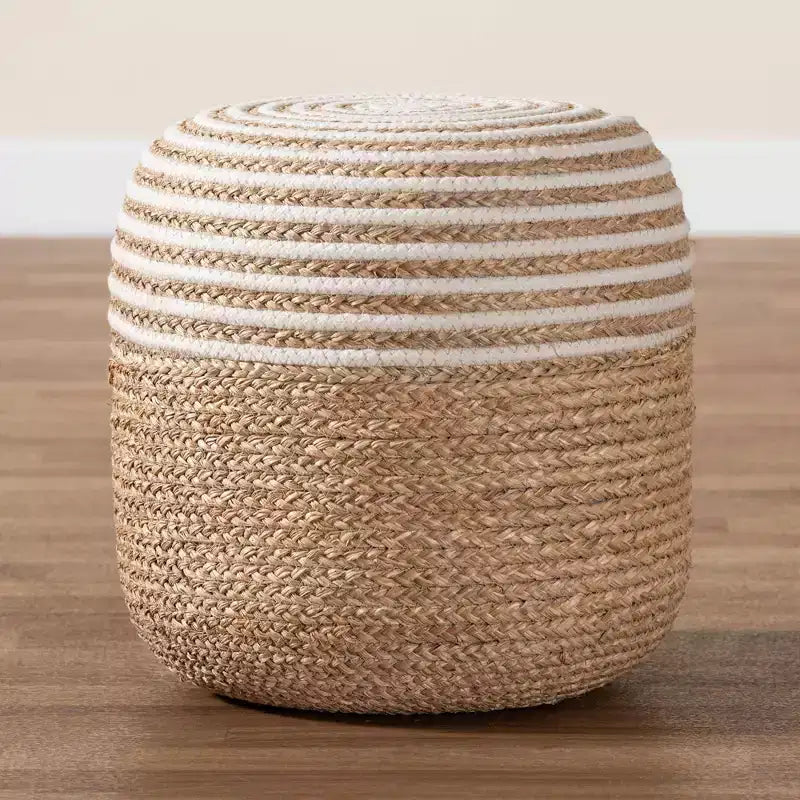 Pouffe-ottoman en jonc de mer et corde tressée, blanc/marron naturel