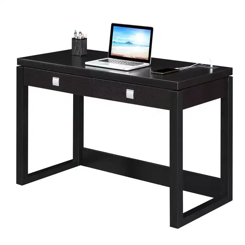 Bureau de télétravail 2 tiroirs avec station de charge, Espresso/Noir