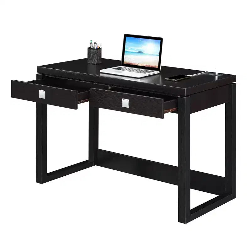 Bureau de télétravail 2 tiroirs avec station de charge, Espresso/Noir