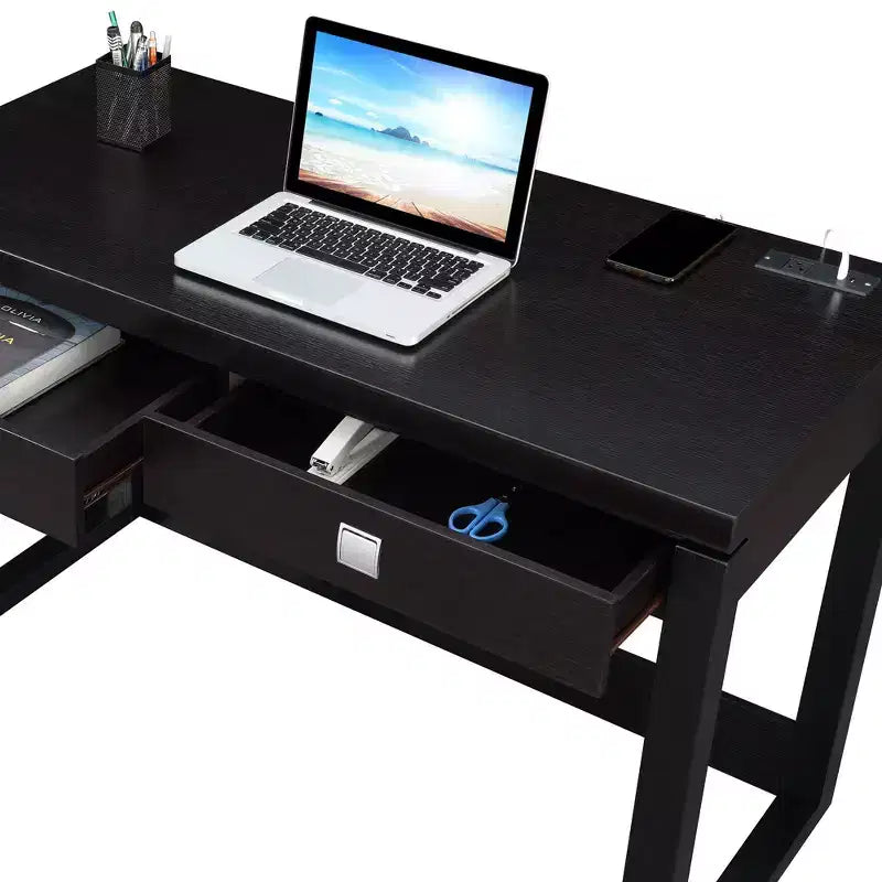 Bureau de télétravail 2 tiroirs avec station de charge, Espresso/Noir