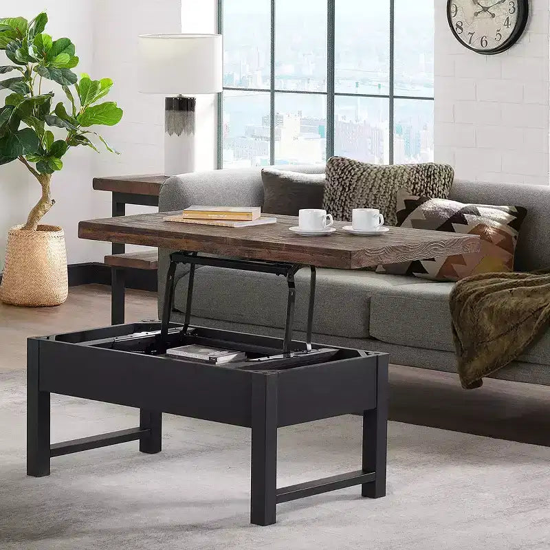 Table basse Pomona 42" : Rangement rustique à plateau relevable, Bois de pin vieilli, Style industriel, Cadre noir