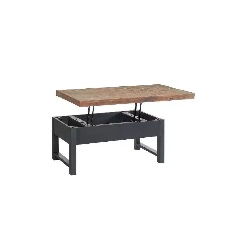 Table basse Pomona 42" : Rangement rustique à plateau relevable, Bois de pin vieilli, Style industriel, Cadre noir