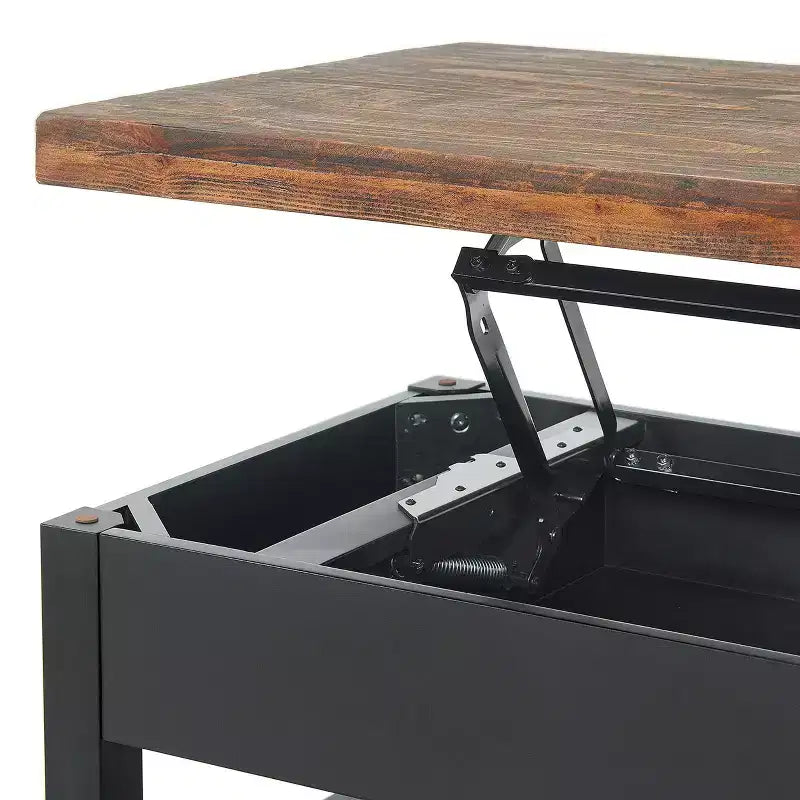 Table basse Pomona 42" : Rangement rustique à plateau relevable, Bois de pin vieilli, Style industriel, Cadre noir