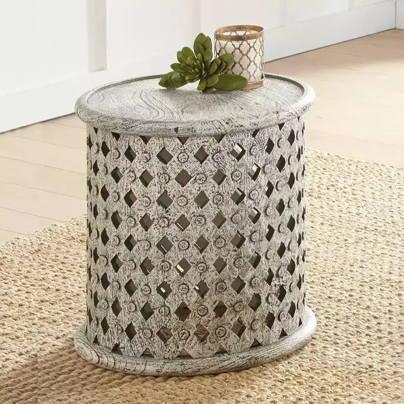 Table d'appoint ronde, manguier albâtre, plateau amovible avec piètement à croisillons