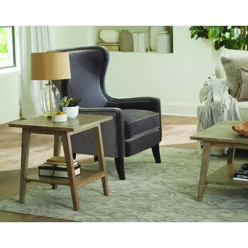 Table d'appoint carrée, Bois de manguier naturel, Style moderne du milieu du siècle avec étagère de rangement